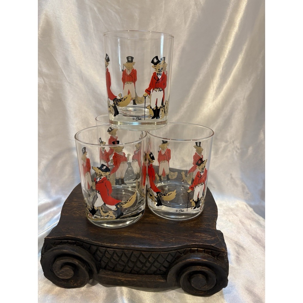 Vintage Cera Snooty Fox Bar Set 4 Cocktail Glasses Old Fashioned MCM Marked
